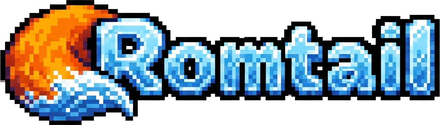 Logo Romtail — queue de renard orange en pixel art avec le nom Romtail en lettres bleu glacé